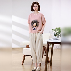 棉麻休闲套装女短袖2025夏季新款妈妈夏装洋气时尚亚麻裤子两件套，女装套装/套裙，叶笙衣