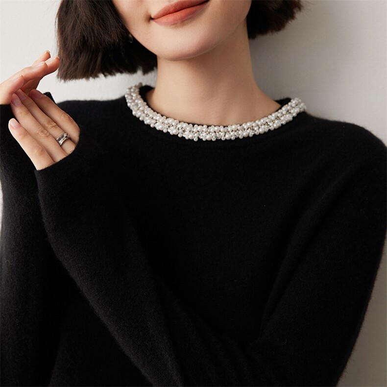 小香风镶钻~2025秋冬圆领山羊绒衫女纯色修身保暖毛衣针织羊毛衫，女装羊绒衫，蒂暖羊绒