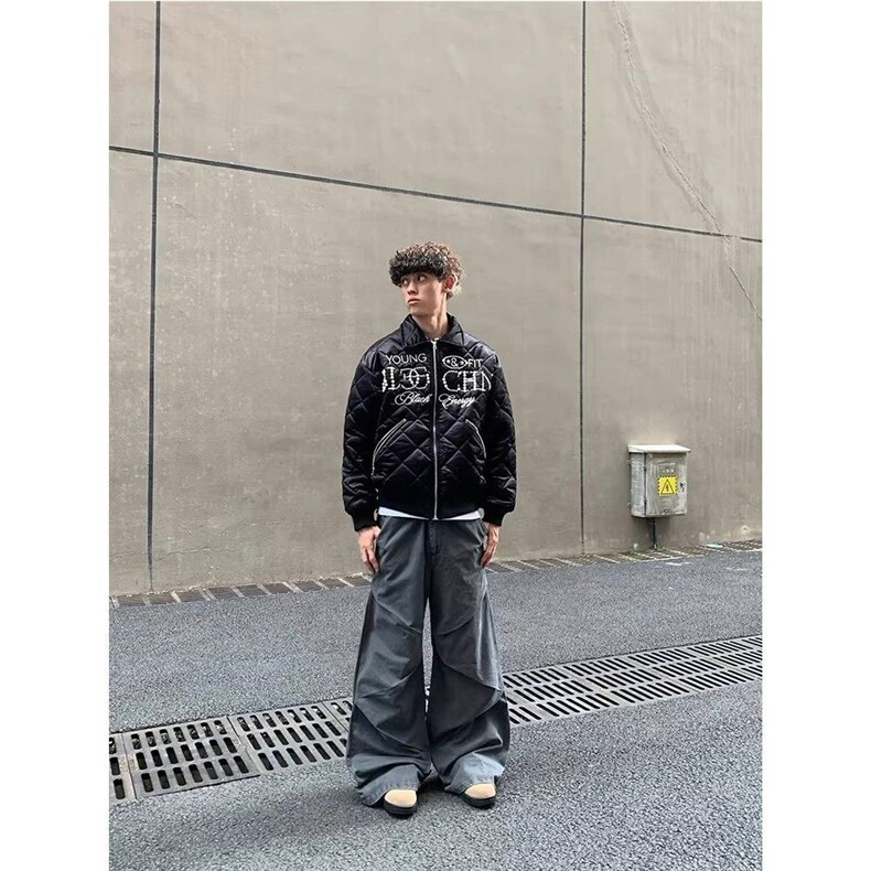 1506-1/MLE-93331/P100哈风刺绣珍珠黑色菱格棉服男加厚保暖外套,男装棉衣,星座1506-1