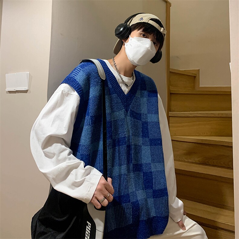 M2210-P38格子纹针织衫V领背心毛衣男生图片