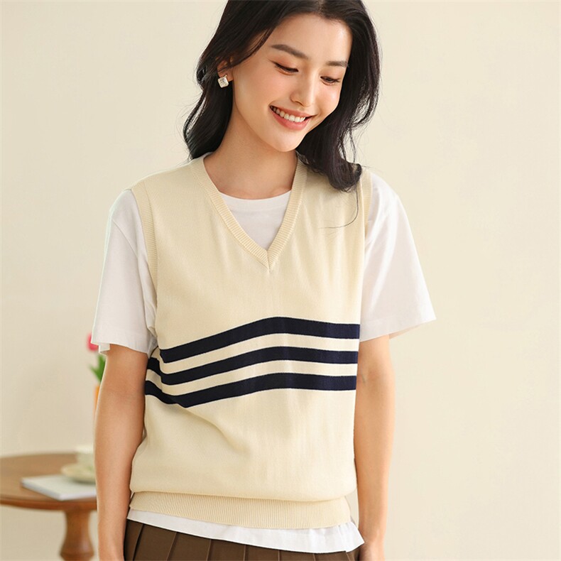 V领撞色条纹纯棉针织马甲百搭气质显瘦内搭无袖背心25春夏新款女，女装背心吊带，伊绒腾羊绒