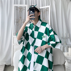 C6071/P35夏季新款格子冰丝短袖衬衫男女潮休闲衬衣宽松大码上衣，男装衬衫，电商A141