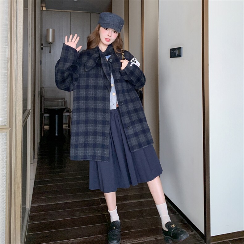 复古格子双面羊毛大衣女2025冬季新款韩系学院风休闲减龄毛呢外套,女装毛呢外套,2C269