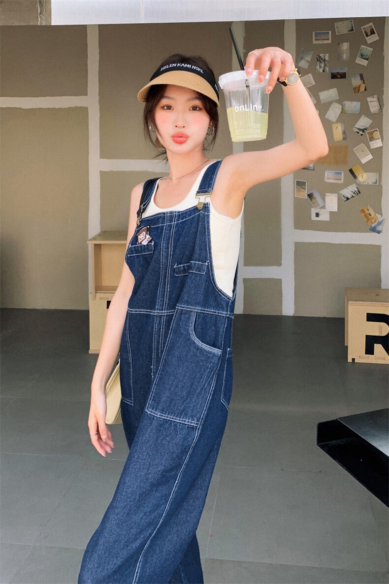 夏季新款宽松休闲显瘦直筒牛仔裤减龄百搭背带裤女B190-P115-K178,女装连体裤,一九零