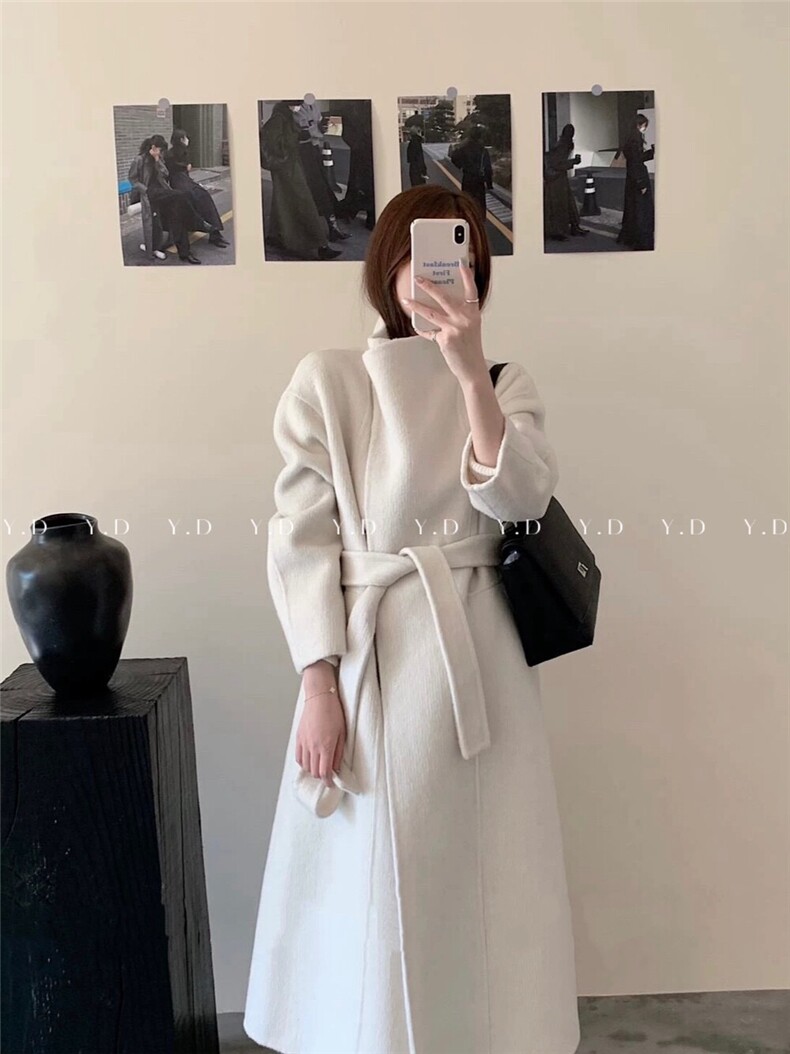 冬上新！2025秋冬新款设计感立领斜门襟长款系带显瘦，女装双面呢大衣，依嘟服饰