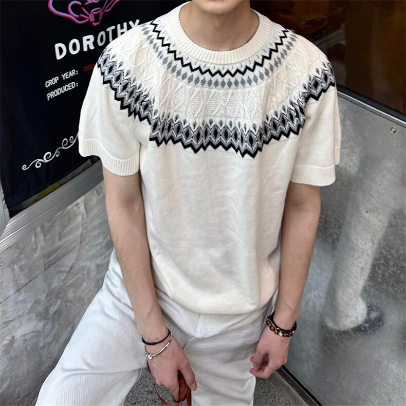 情侣款费尔岛针织复古半袖T恤610A-1-YC903-P40,男装T恤,星座610A-1