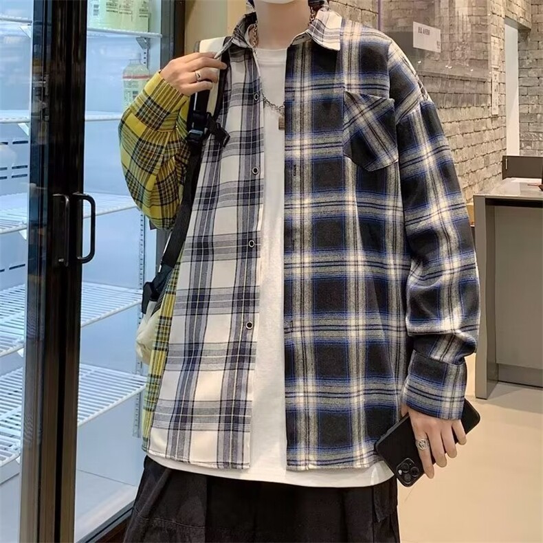 春夏季新款潮流慵懒男方领宽松型拼接格子长袖衬衫AC102P35,男装衬衫,星座1116-2