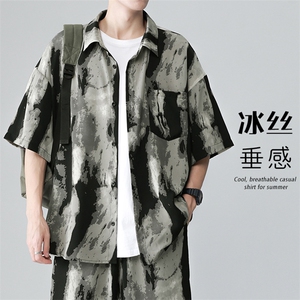 特批P25无差价夏季风水墨画冰丝男短袖衬衫CD894套装货号TZ084图片