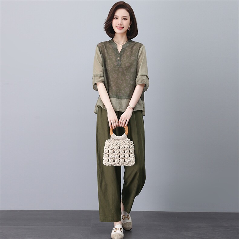 苎麻休闲套装女夏2025新款大码中年妈妈小个子洋气减龄棉麻两件套，女装套装/套裙，忆绮罗