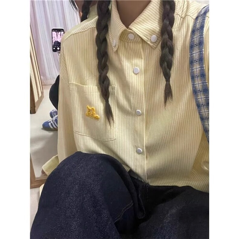 X05-P37美式复古黄色条纹衬衫女2025夏季小狗刺绣防晒外套,男装防晒衣,电商B323A