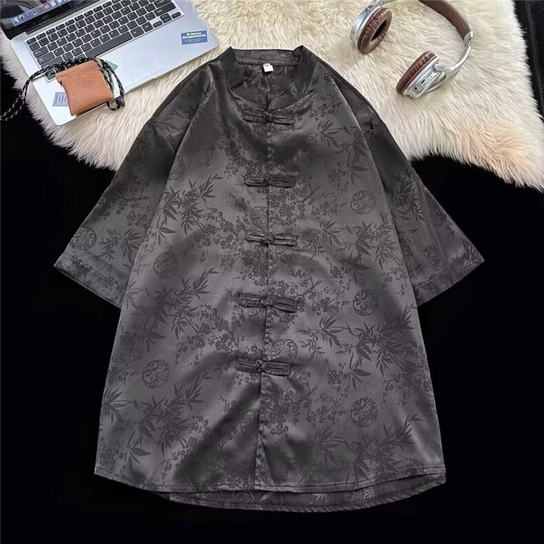 新中式盘扣短袖衬衫唐装男女款高级感痞帅汉服衬衣情侣外套C175,男装T恤,星座601-1