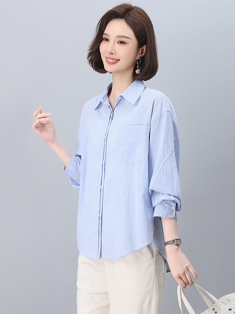 纯棉条纹衬衫女长袖2025年春季新款衬衣减龄洋气小衫中年妈妈上衣,女装衬衫,忆绮罗