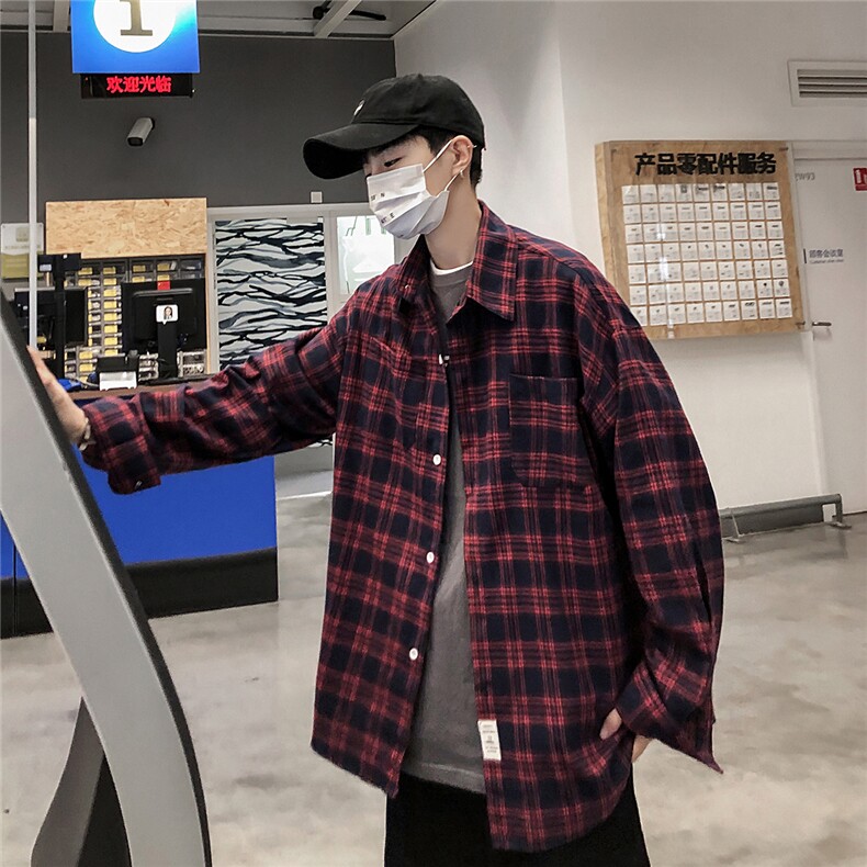 2025秋冬潮牌长袖格子衬衫学生衬衣小清新男CS2070/特P28红色,男装衬衫,电商A094