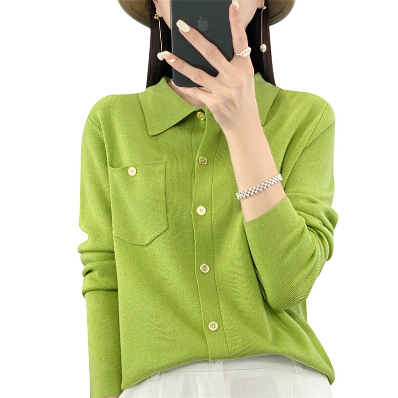 鄂尔多斯市翻领羊毛针织开衫外套女宽松薄款春秋新款毛衣外搭,针织衫/毛衣,大美人包芯纱店
