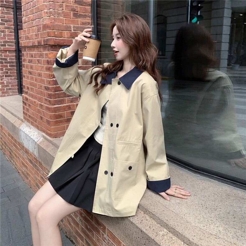 撞色翻领风衣外套女2025秋新款韩系高级感小个子宽松显瘦百搭大衣,女装风衣,2D145