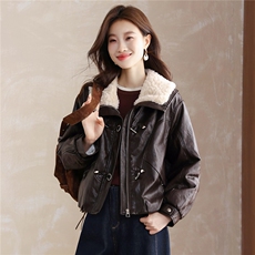现货！现货！加绒加厚皮衣女2025冬季新款羊羔毛翻领棉衣棉服，女装棉衣/棉服，以桐