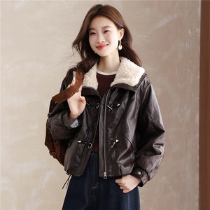 现货！现货！加绒加厚皮衣女2025冬季新款羊羔毛翻领棉衣棉服图片