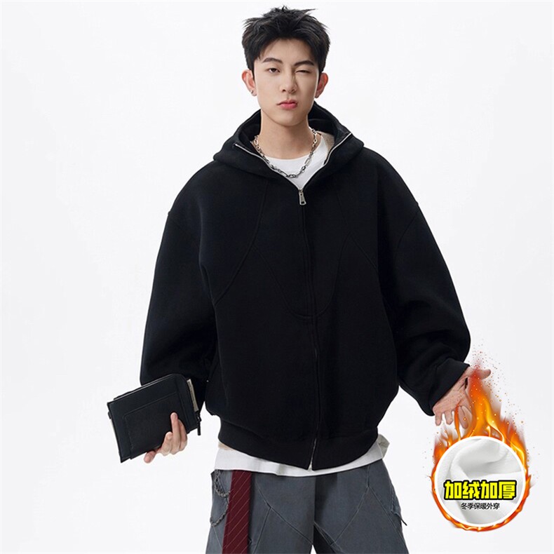 480G重磅加绒硬挺boxy男女秋冬美式高街结构高领卫衣开衫厚外套，女装短外套，电商A486-1