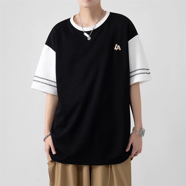 新款美式潮牌休闲圆领袖子拼色潮流青少年男士上衣ZDY3415-P49图片