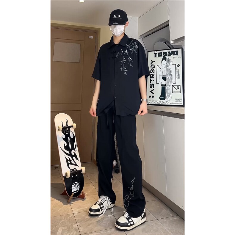 新中式男装风刺绣竹子短袖衬衫男款七分袖衬衣1007-H60-特P35,男装衬衫,星座1007（原301D）