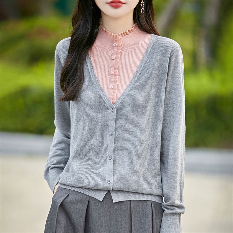 假俩件拼色半高领毛衣开衫女24秋冬新款洋气外套针织打底精纺毛衫,针织衫/毛衣,暖烁羊绒