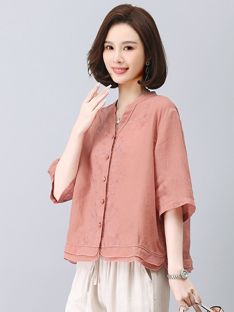优雅刺绣苎麻短袖上衣夏季宽松显瘦女装衬衫,女装衬衫,悦见她