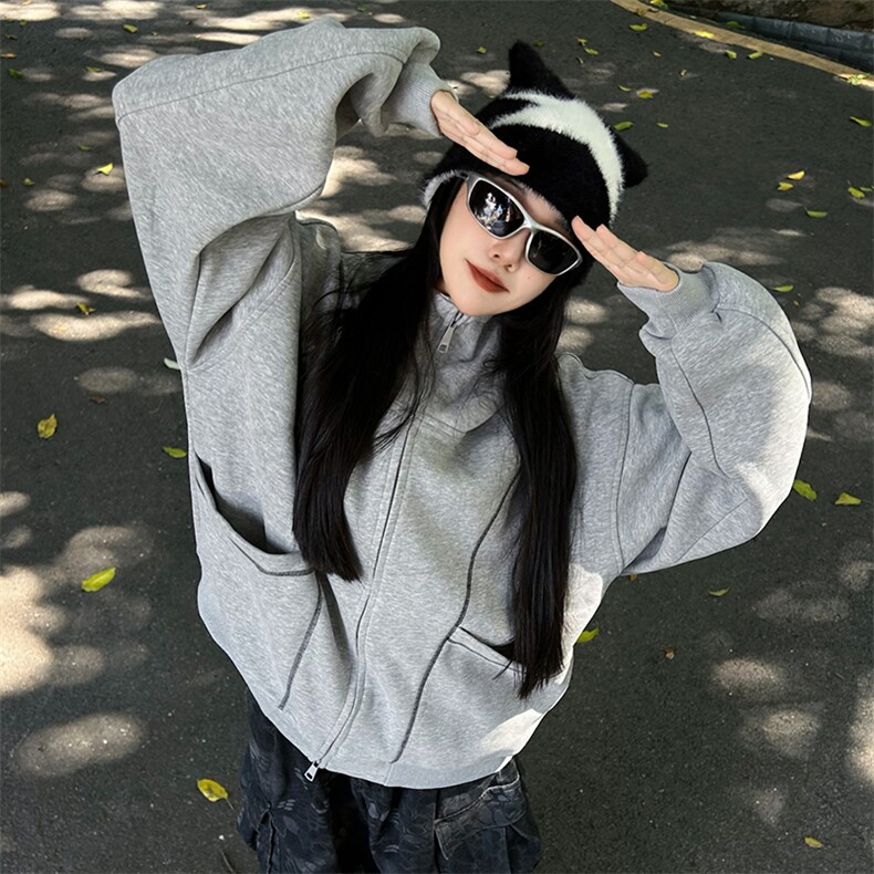 抖音得物高品质秋冬美式高街重磅结构辑明线纹理连帽卫衣外套W111,男装卫衣,电商A486