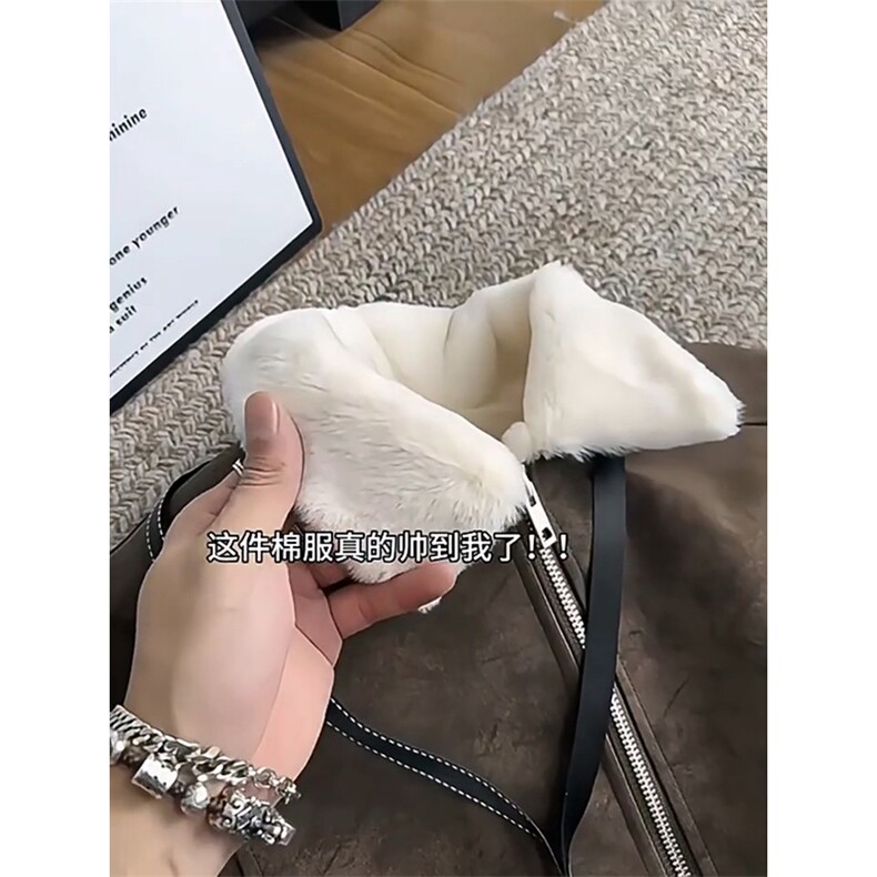 现货重磅硬挺boxy羽绒棉衣座山雕羊羔毛领洗水麂皮棉服冬外套,男装棉衣,电商A486