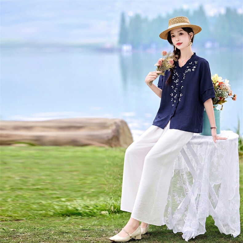 时尚洋气刺绣棉麻套装女2026夏季新款宽松遮肉显瘦阔腿裤两件套,女装套装/套裙,魅影