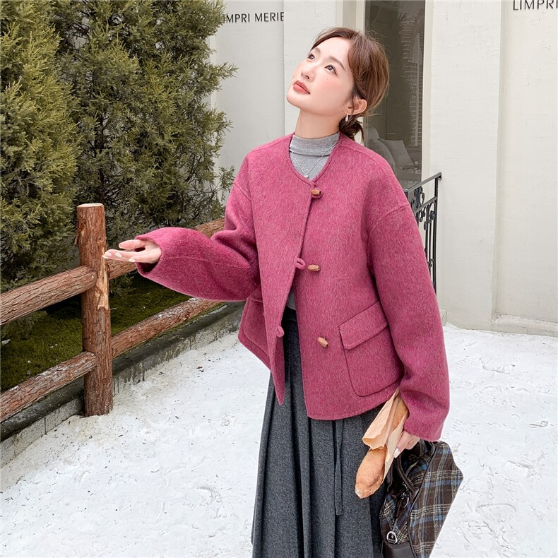 牛角扣玫粉色双面呢羊毛短外套女冬季2025新款小个子流行爆款超火,女装毛呢外套,2C261