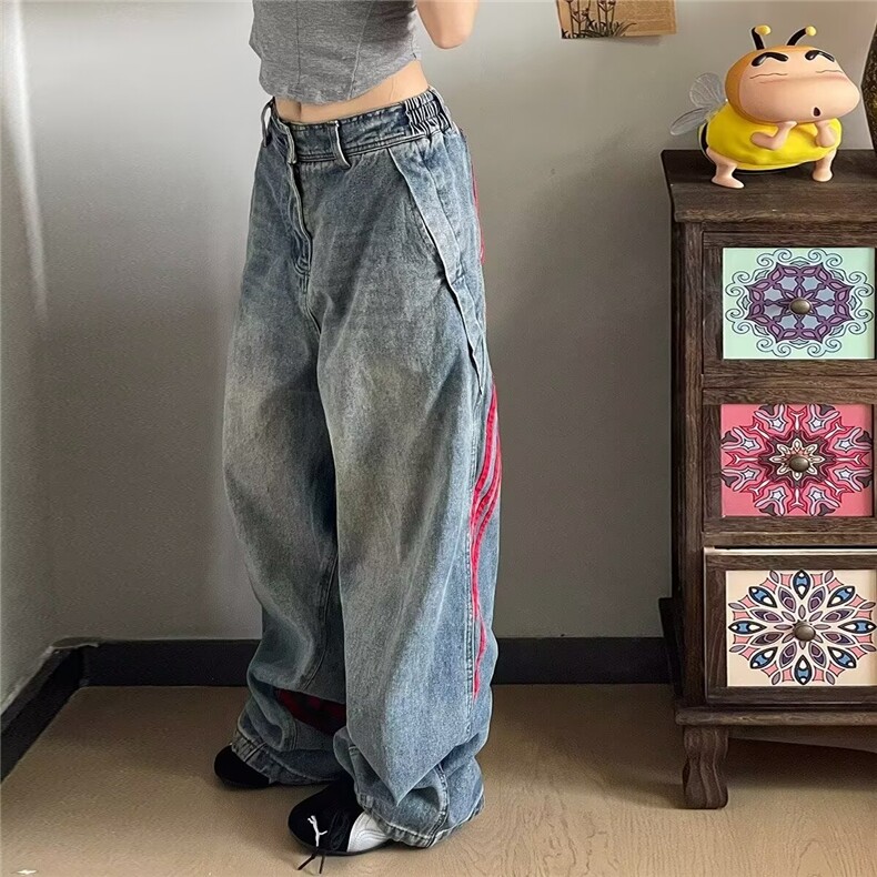 红色三条杠牛仔裤男美式直筒休闲宽松阔腿裤潮牌做旧痞帅高街长裤,男装牛仔裤,四季星座505