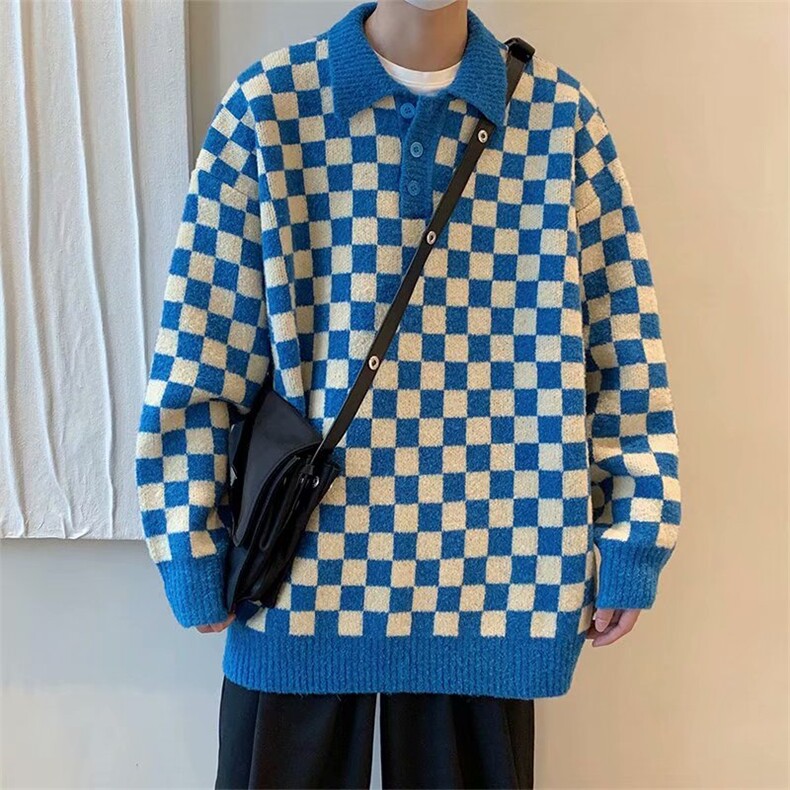 棋盘格毛衣男女针织衫秋冬季ins日系复古POLO领M191P45,男装针织衫/毛衣,星座1116-2