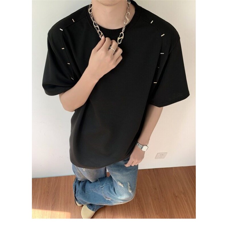 BN0125-P45纯色金属珠设计垫肩短袖男夏季简约高级感百搭小众T恤,男装T恤,电商C233