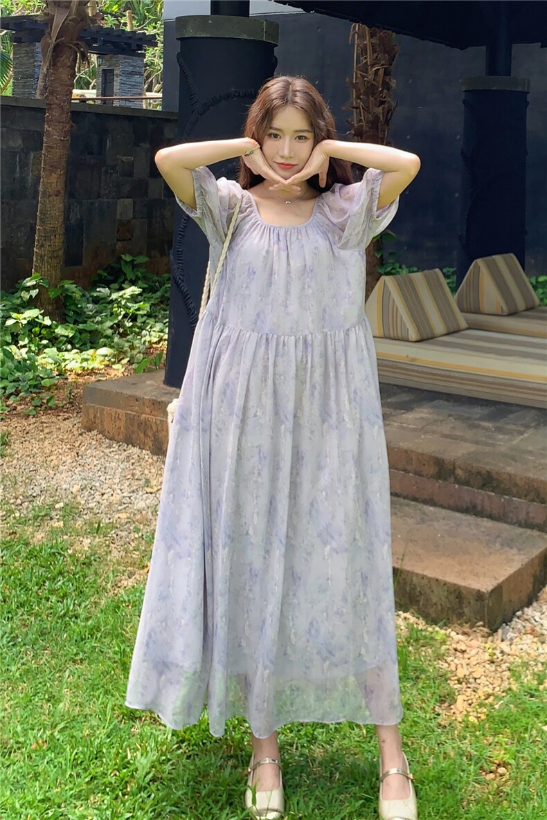 法式气质紫色长袖连衣裙女夏季2025新款小个子海边度假茶歇裙子,女装连衣裙,2C159