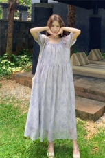 法式气质紫色长袖连衣裙女夏季2025新款小个子海边度假茶歇裙子，女装连衣裙，2C159