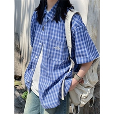 夏季日系复古气质格子短袖衬衫男女同款学院风休闲半袖衬衣上衣，男装T恤，星座1210-1