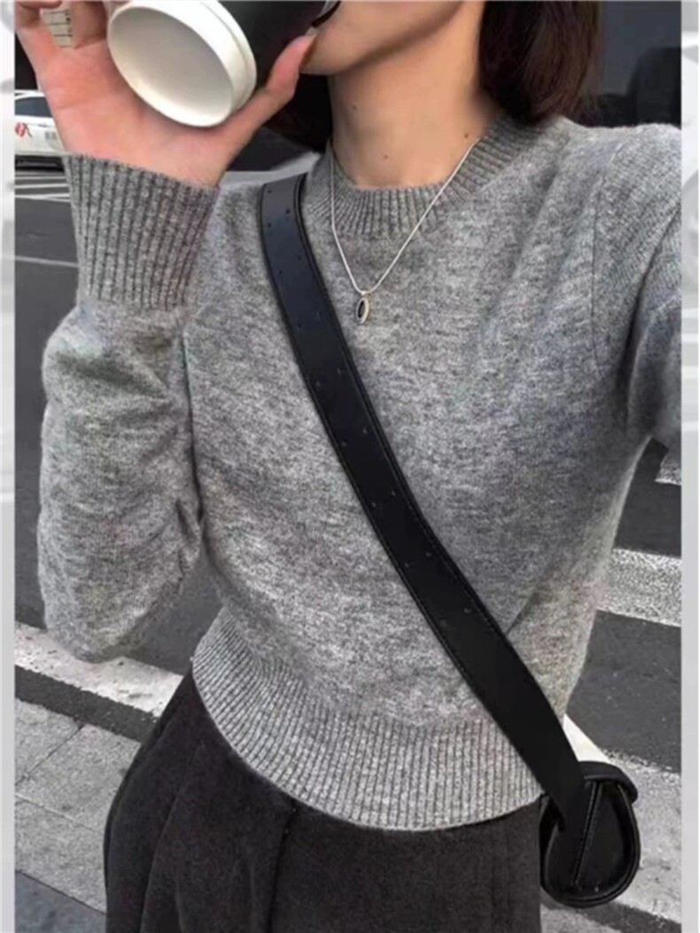 圆领羊毛衫女纯色短款潮流打底秋冬季显瘦时尚毛衣，女装羊毛衫，思途羊绒