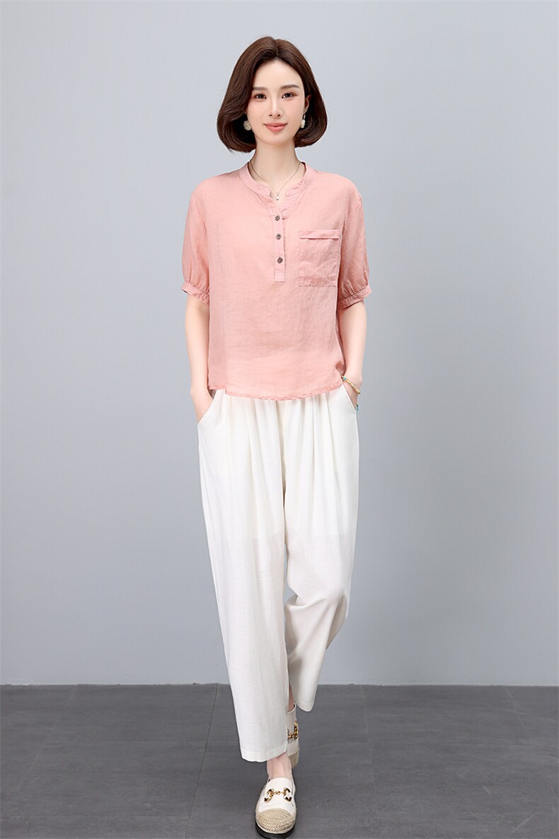 薄款棉麻休闲套装女夏季2025新款中年妈妈时尚洋气亚麻衬衫两件套,女装套装/套裙,凝聚力