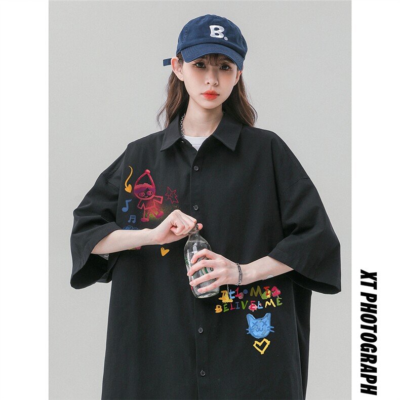 中性24夏季潮流个性字母图案印花短袖衬衫S6210P350控48，男装衬衫，电商A268