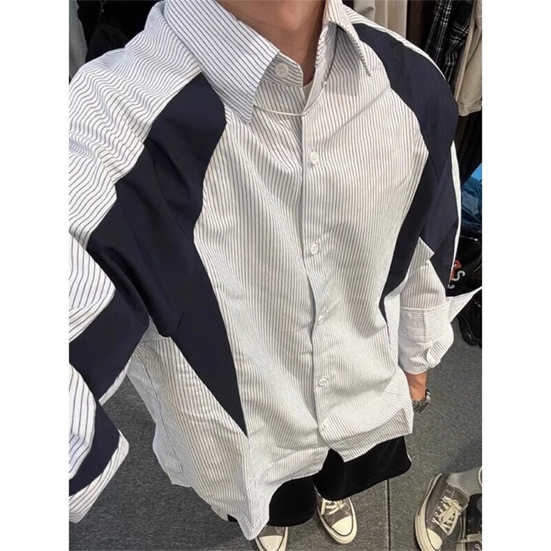 解构拼接条纹长袖衬衫高级感痞帅衬衣休闲外套CS2222特P44,男装衬衫,星座908-1