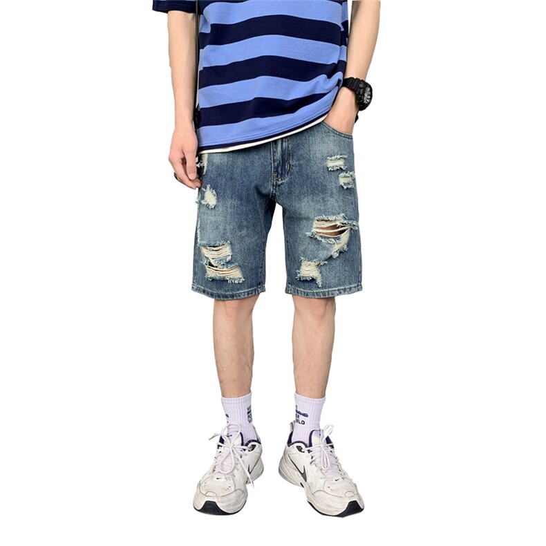 男士牛仔短裤夏季宽松潮流五分裤破洞直筒中裤薄款马裤5104,男装牛仔裤,电商A318