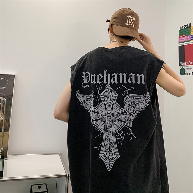 抖音供货、260克现货水洗棉印花宽松版无袖背心D223A-BX2213-P35,男装背心/马甲,电商019-1