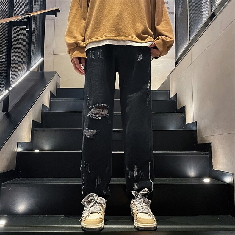 新款港风美式高街ins潮牌痞帅破洞直筒休闲牛仔裤B381-1/728P50，男装牛仔裤，电商B381-1