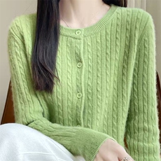 2025年秋季女士扭花圆领开衫长袖，女装针织衫/毛衣，萱芳婷羊绒