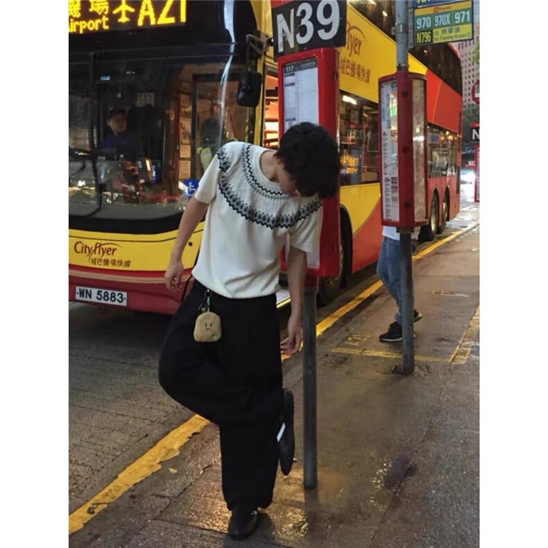 T209-P42费尔岛绞花针织短袖男夏季慵懒松弛感正肩t恤潮流,男装T恤,电商B323A