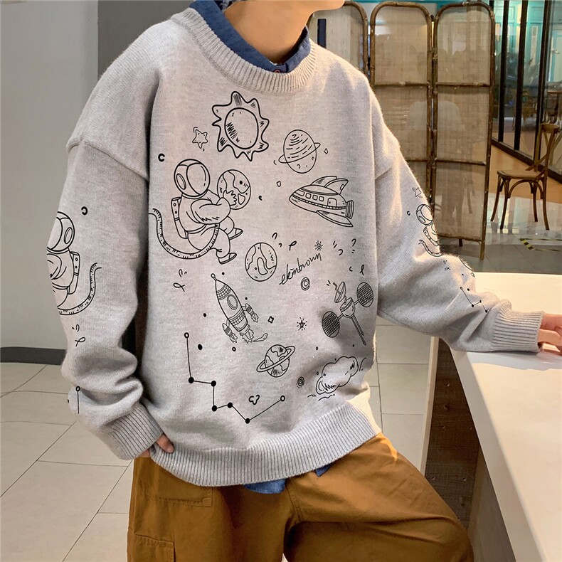 1港风新款宽松休闲中性情侣圆领潮流印花毛衣男外套7804P55加绒70图片