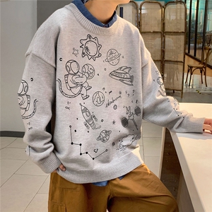 1港风新款宽松休闲中性情侣圆领潮流印花毛衣男外套7804P55加绒70图片