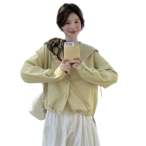 浅黄色针织领皮衣外套女春小个子chic韩系宽松休闲设计感短款风衣图片