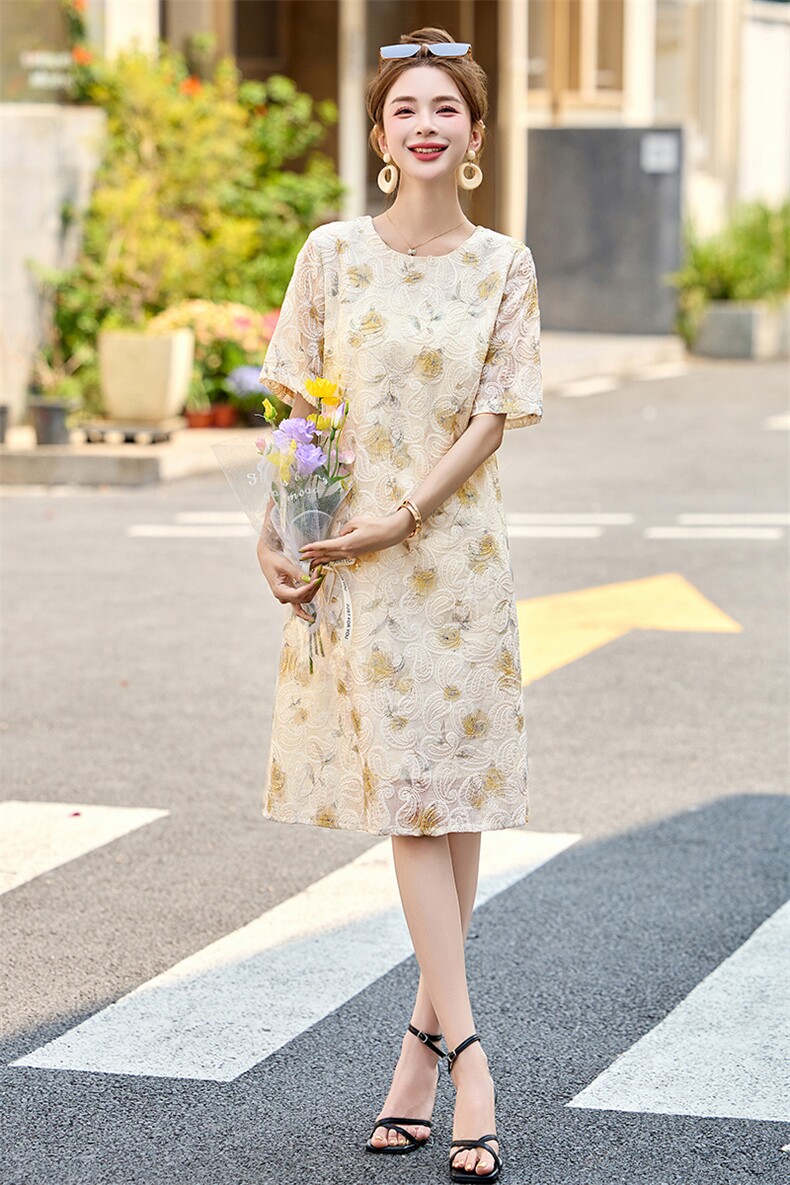 法式碎花连衣裙女夏季2025新款高级感显瘦中长款气质淑女蕾丝裙子,女装连衣裙,罗得堡