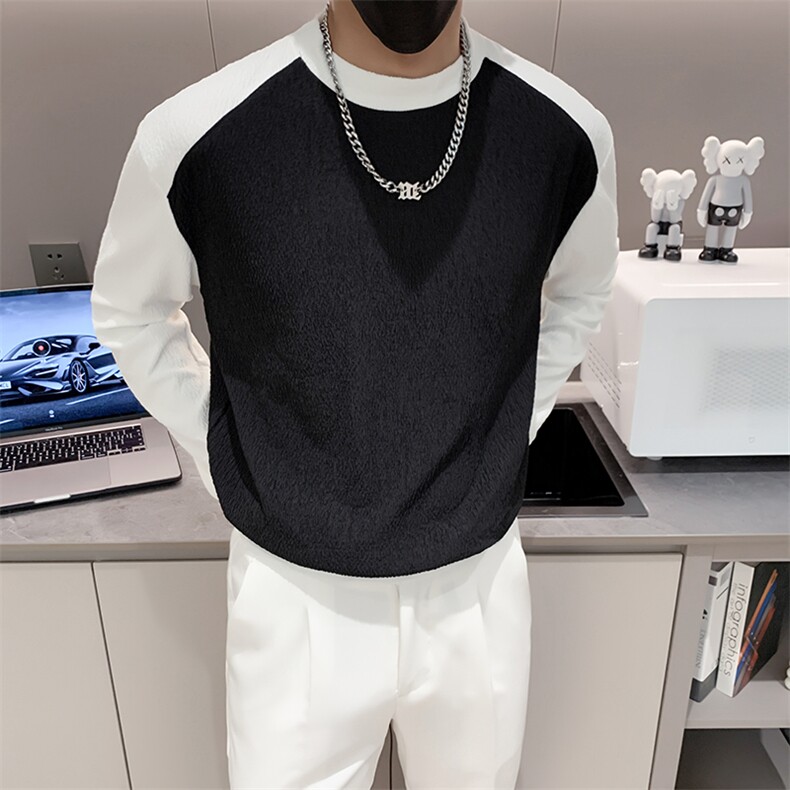 黑色2023秋装男士修身圆领长袖T恤潮款长tee男T2301-P58控78，男装T恤，电商A108